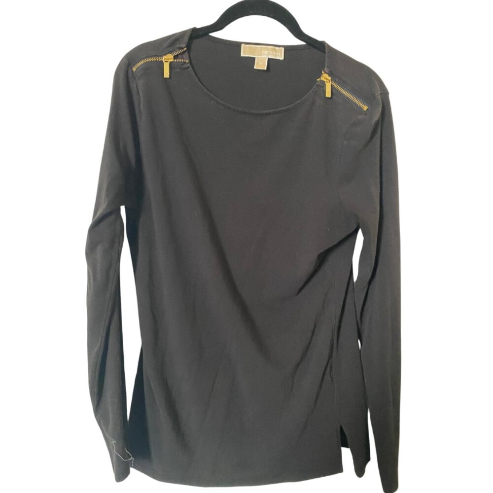 Michael Kors Zipper Shoulder Black Long-Sleeve Top